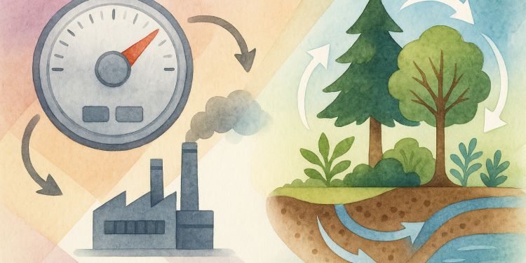 Schéma aquarelle montrant à gauche un thermostat et une usine symbolisant une vision technologique du climat, et à droite une biosphère vivante (forêts, sols, rivières) reliée par des flux naturels, illustrant la régulation climatique biologique.