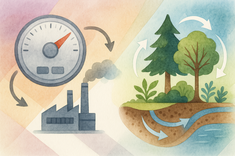 Schéma aquarelle montrant à gauche un thermostat et une usine symbolisant une vision technologique du climat, et à droite une biosphère vivante (forêts, sols, rivières) reliée par des flux naturels, illustrant la régulation climatique biologique.