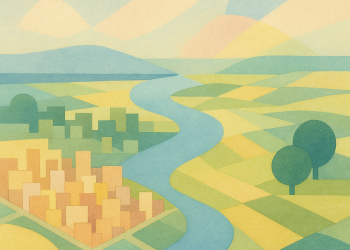 Vue aérienne de la France entre zones urbaines et espaces naturels, symbole de la transition écologique et du défi de la gouvernance climatique.