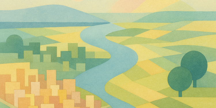 Vue aérienne de la France entre zones urbaines et espaces naturels, symbole de la transition écologique et du défi de la gouvernance climatique.