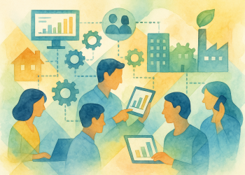 Illustration représentant des entreprises et institutions connectées par des outils numériques collaboratifs pour piloter la transition écologique et sociale d’un territoire.