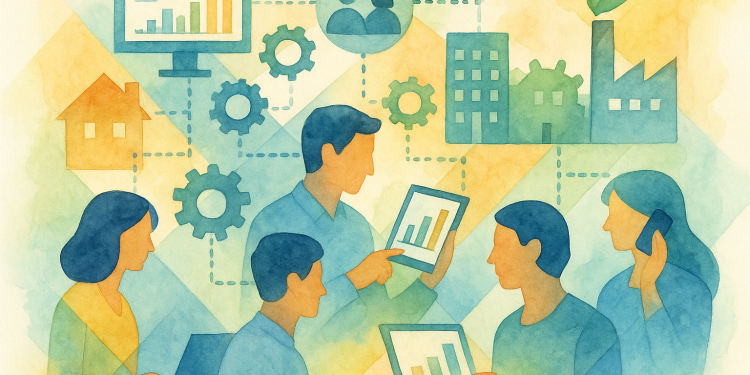 Illustration représentant des entreprises et institutions connectées par des outils numériques collaboratifs pour piloter la transition écologique et sociale d’un territoire.