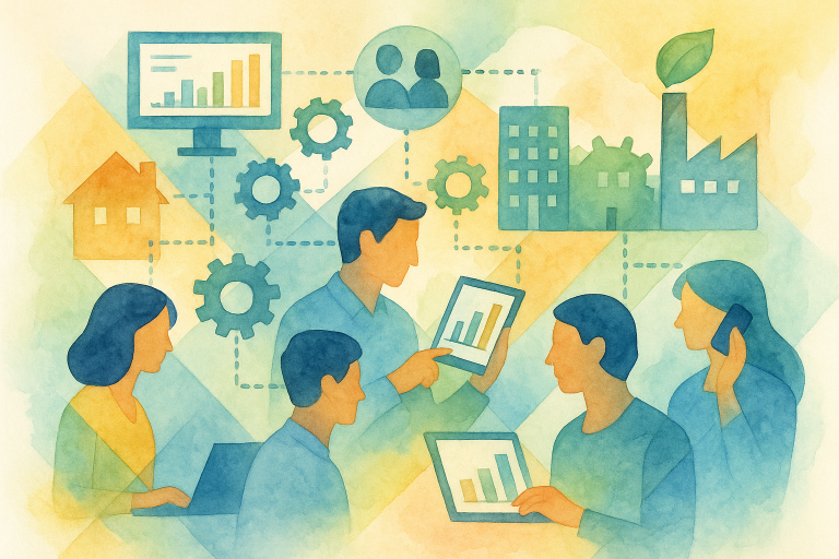 Illustration représentant des entreprises et institutions connectées par des outils numériques collaboratifs pour piloter la transition écologique et sociale d’un territoire.