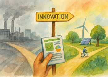Aquarelle montrant un panneau “Innovation” placé à un carrefour : à gauche, un paysage industriel gris avec usines et fumée ; à droite, un paysage durable avec forêt, panneau solaire, éolienne et cycliste, symbolisant la transition vers une innovation écologique.