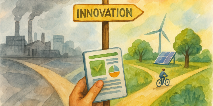 Aquarelle montrant un panneau “Innovation” placé à un carrefour : à gauche, un paysage industriel gris avec usines et fumée ; à droite, un paysage durable avec forêt, panneau solaire, éolienne et cycliste, symbolisant la transition vers une innovation écologique.