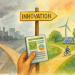 Aquarelle montrant un panneau “Innovation” placé à un carrefour : à gauche, un paysage industriel gris avec usines et fumée ; à droite, un paysage durable avec forêt, panneau solaire, éolienne et cycliste, symbolisant la transition vers une innovation écologique.