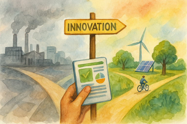 Aquarelle montrant un panneau “Innovation” placé à un carrefour : à gauche, un paysage industriel gris avec usines et fumée ; à droite, un paysage durable avec forêt, panneau solaire, éolienne et cycliste, symbolisant la transition vers une innovation écologique.