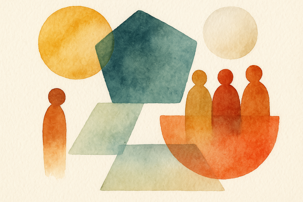 Schéma illustrant les interactions entre intentions, gouvernance distribuée, rôles circulants et communauté active dans un commun numérique.