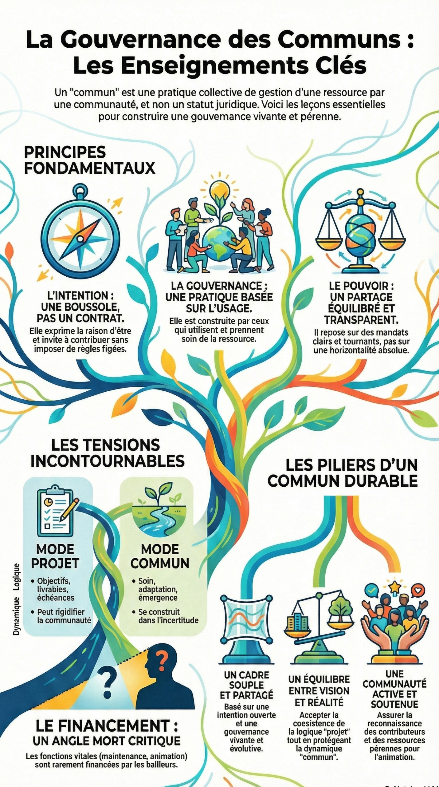 Infographie illustrant les interactions entre intentions, gouvernance distribuée, rôles circulants et communauté active dans un commun numérique.