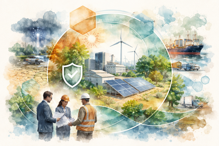 Illustration représentant l’adaptation des entreprises au changement climatique, entre risques climatiques, résilience organisationnelle et stratégie de long terme.