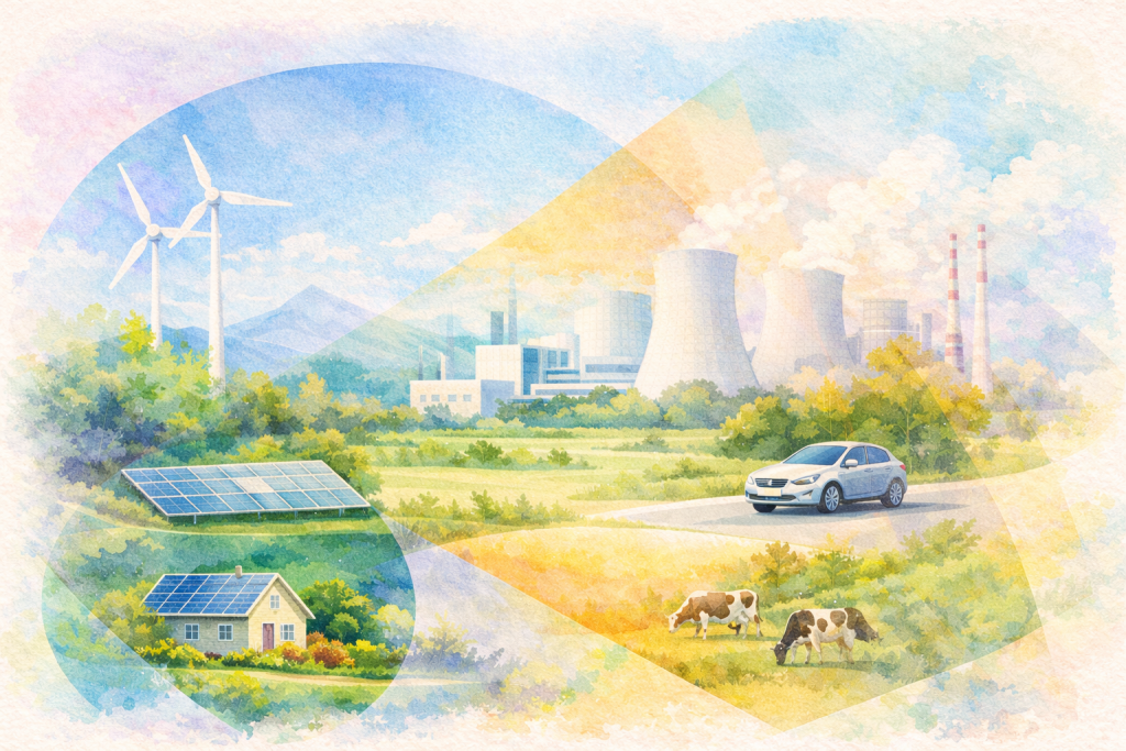 Illustration aquarelle pastel montrant un paysage français avec éoliennes, panneaux solaires, maison rénovée, agriculture et industrie, superposés à des formes géométriques représentant la transition écologique.