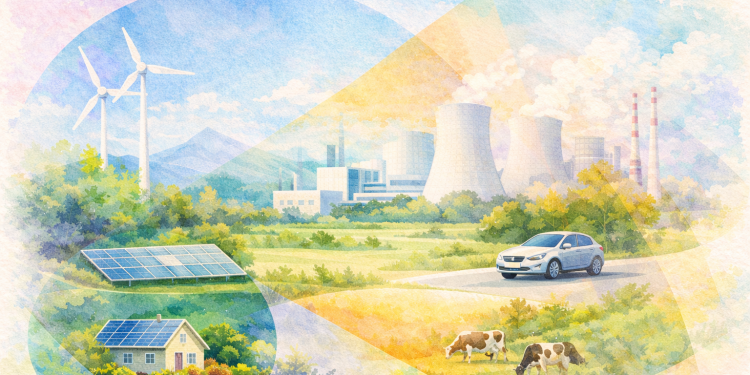 Illustration aquarelle pastel montrant un paysage français avec éoliennes, panneaux solaires, maison rénovée, agriculture et industrie, superposés à des formes géométriques représentant la transition écologique.