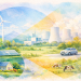 Illustration aquarelle pastel montrant un paysage français avec éoliennes, panneaux solaires, maison rénovée, agriculture et industrie, superposés à des formes géométriques représentant la transition écologique.