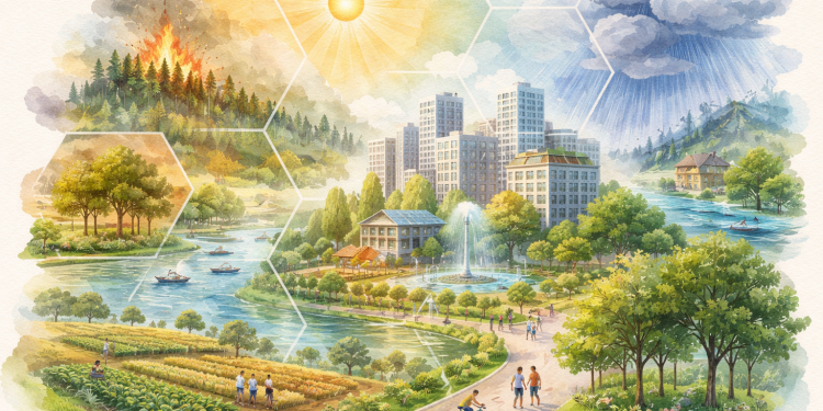 Territoire urbain et naturel illustrant les enjeux pour adapter nos territoires au changement climatique et renforcer leur résilience