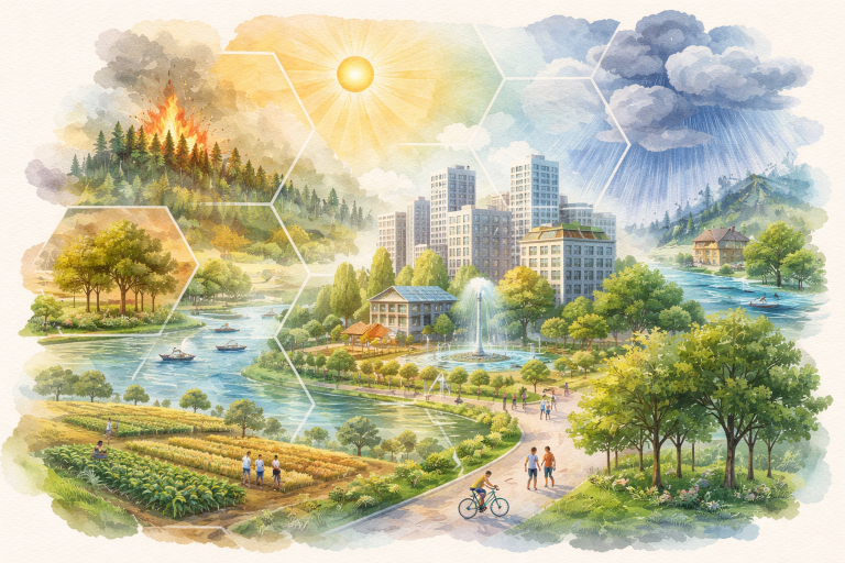 Territoire urbain et naturel illustrant les enjeux pour adapter nos territoires au changement climatique et renforcer leur résilience