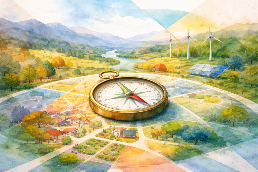 Illustration représentant une boussole posée sur une carte territoriale symbolisant la trajectoire d’un territoire en transition, entre mémoire du passé et vision d’avenir.