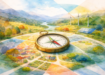 Illustration représentant une boussole posée sur une carte territoriale symbolisant la trajectoire d’un territoire en transition, entre mémoire du passé et vision d’avenir.