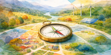 Illustration représentant une boussole posée sur une carte territoriale symbolisant la trajectoire d’un territoire en transition, entre mémoire du passé et vision d’avenir.