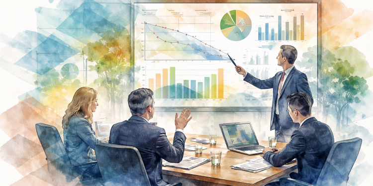 Dirigeants en réunion face à des graphiques financiers et climatiques illustrant les tensions entre performance économique et transition écologique des entreprises.