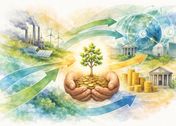 Schéma conceptuel illustrant la transition climatique financée par la carbon reward policy, entre prix du carbone, finance et stabilité du système climatique.