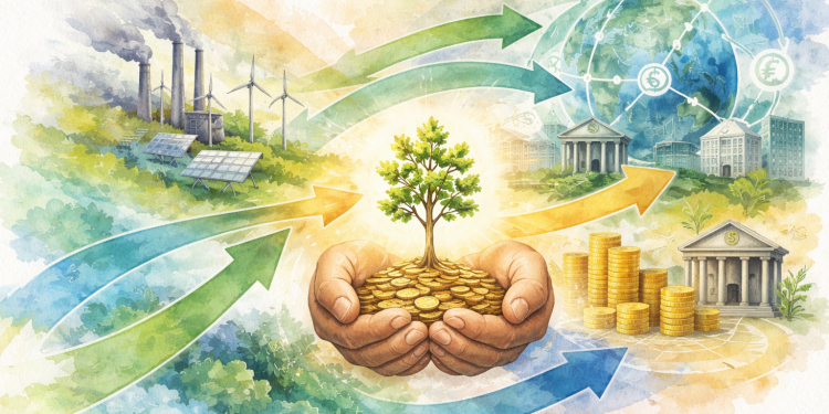 Schéma conceptuel illustrant la transition climatique financée par la carbon reward policy, entre prix du carbone, finance et stabilité du système climatique.