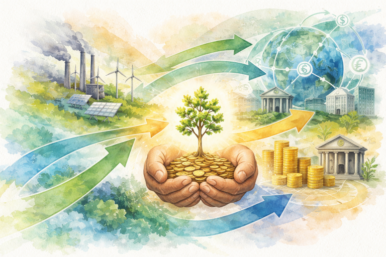 Schéma conceptuel illustrant la transition climatique financée par la carbon reward policy, entre prix du carbone, finance et stabilité du système climatique.