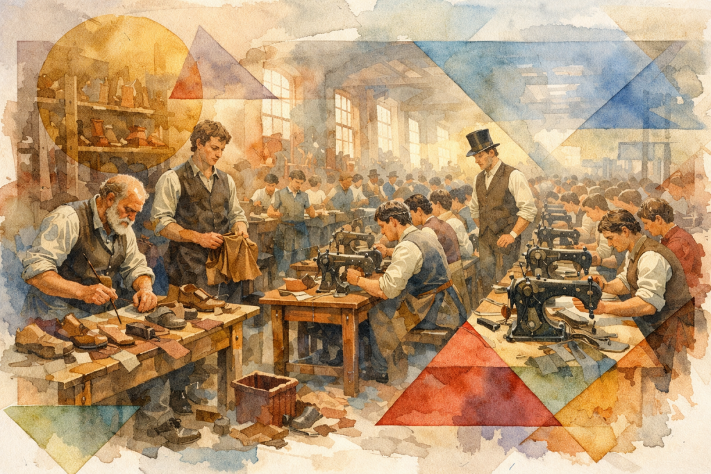 Illustration de style XIXᵉ siècle montrant la transition entre des artisans fabriquant des chaussures à la main et des ouvriers utilisant des machines à coudre dans une grande usine industrielle.