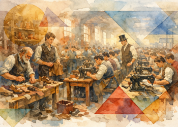 Illustration de style XIXᵉ siècle montrant la transition entre des artisans fabriquant des chaussures à la main et des ouvriers utilisant des machines à coudre dans une grande usine industrielle.