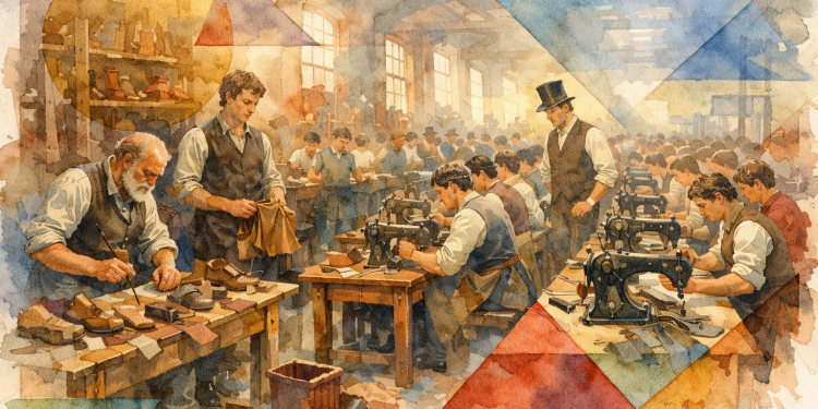 Illustration de style XIXᵉ siècle montrant la transition entre des artisans fabriquant des chaussures à la main et des ouvriers utilisant des machines à coudre dans une grande usine industrielle.
