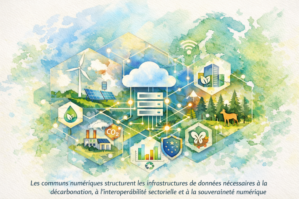 Schéma illustrant un réseau numérique interconnecté reliant des icônes d’énergie, de bâtiment, de forêt et de données, représentant des communs numériques soutenant la transition écologique en Europe.