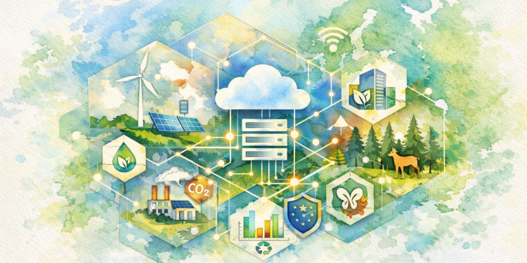 Schéma illustrant un réseau numérique interconnecté reliant des icônes d’énergie, de bâtiment, de forêt et de données, représentant des communs numériques soutenant la transition écologique en Europe.
