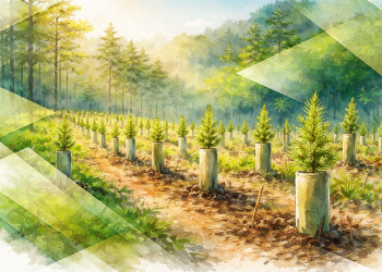 Jeunes arbres plantés dans une parcelle forestière dans le cadre d’un projet label bas-carbone visant à stocker du carbone et restaurer les écosystèmes.