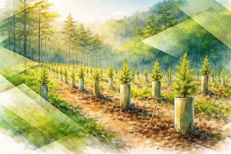 Jeunes arbres plantés dans une parcelle forestière dans le cadre d’un projet label bas-carbone visant à stocker du carbone et restaurer les écosystèmes.