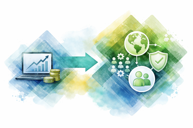 Schéma conceptuel illustrant la transition entre un ROI financier classique et un ROI multi-capitaux intégrant impacts environnementaux, sociaux et économiques dans les décisions de sobriété numérique.