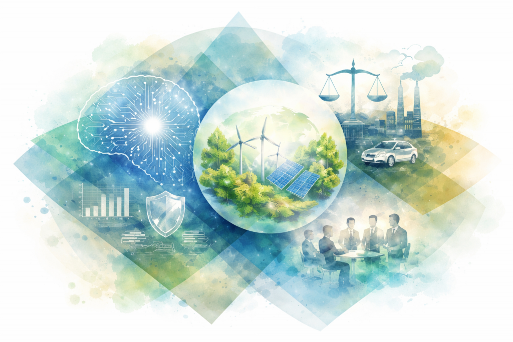 Illustration de la relation entre intelligence artificielle et ESG, montrant les enjeux de gouvernance, d’impact environnemental et de performance durable dans les entreprises