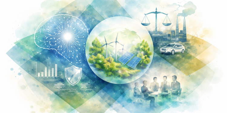Illustration de la relation entre intelligence artificielle et ESG, montrant les enjeux de gouvernance, d’impact environnemental et de performance durable dans les entreprises