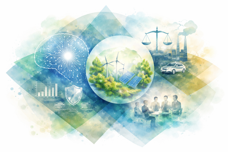 Illustration de la relation entre intelligence artificielle et ESG, montrant les enjeux de gouvernance, d’impact environnemental et de performance durable dans les entreprises