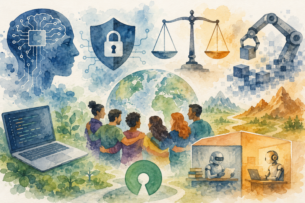 Infographie illustrant les impacts de l’intelligence artificielle sur l’open source, avec des références à Cal.com, aux clean rooms IA comme MALUS, aux risques de cybersécurité, aux enjeux juridiques des licences et aux défis du numérique responsable.