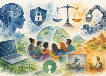 Infographie illustrant les impacts de l’intelligence artificielle sur l’open source, avec des références à Cal.com, aux clean rooms IA comme MALUS, aux risques de cybersécurité, aux enjeux juridiques des licences et aux défis du numérique responsable.