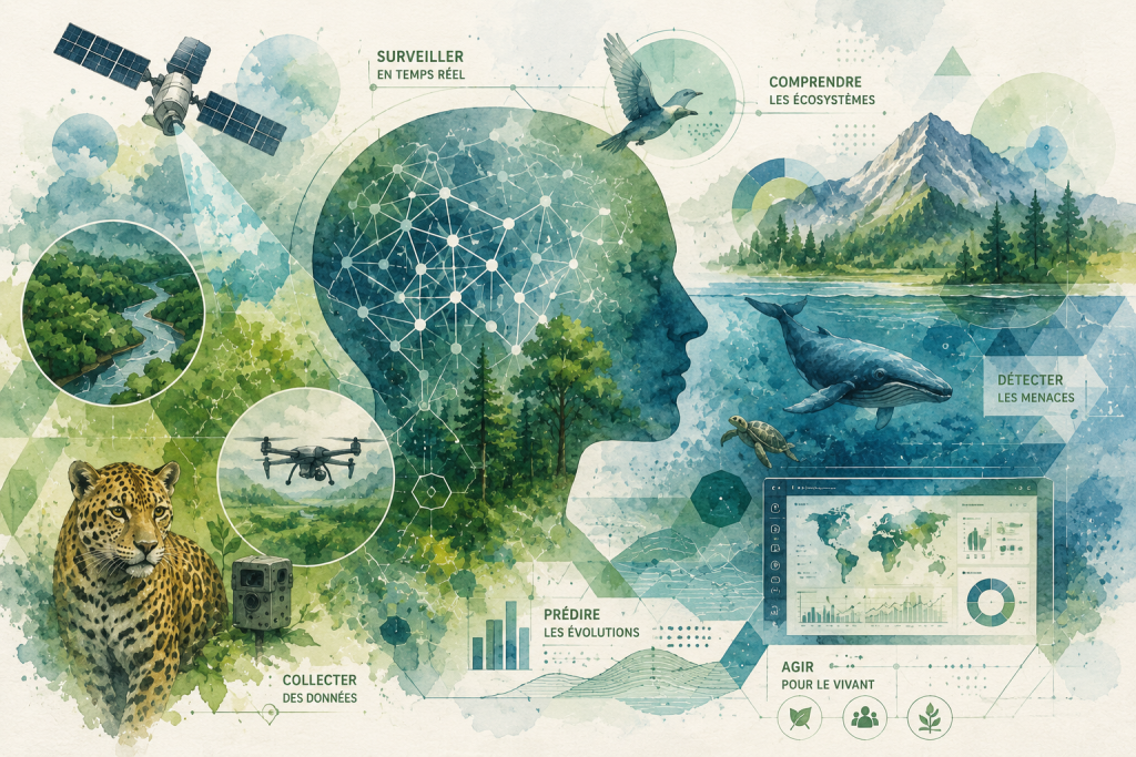Illustration représentant une intelligence artificielle connectée à des écosystèmes naturels, des satellites, des données environnementales et des outils de monitoring de la biodiversité.