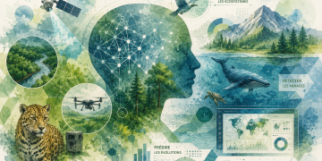 Illustration représentant une intelligence artificielle connectée à des écosystèmes naturels, des satellites, des données environnementales et des outils de monitoring de la biodiversité.