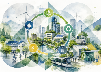 Illustration d’une ville avec des flux circulaires reliant bâtiments, énergie, mobilité et ressources, symbolisant un système urbain durable et interconnecté.