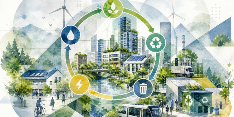 Illustration d’une ville avec des flux circulaires reliant bâtiments, énergie, mobilité et ressources, symbolisant un système urbain durable et interconnecté.