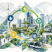 Illustration d’une ville avec des flux circulaires reliant bâtiments, énergie, mobilité et ressources, symbolisant un système urbain durable et interconnecté.