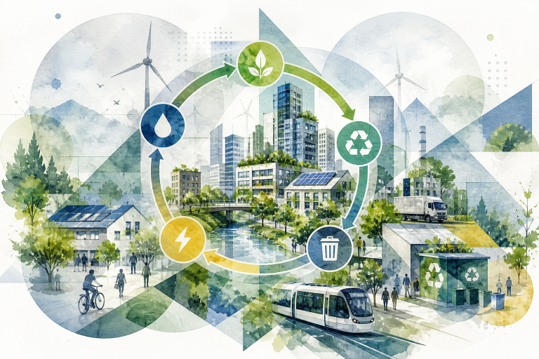 Illustration d’une ville avec des flux circulaires reliant bâtiments, énergie, mobilité et ressources, symbolisant un système urbain durable et interconnecté.