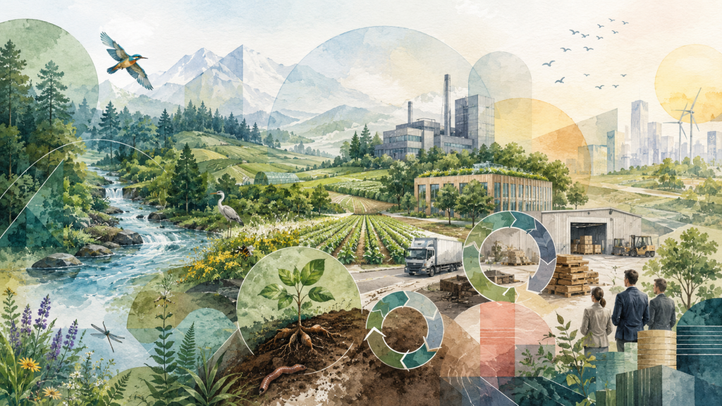 Illustration en aquarelle montrant un paysage mêlant nature, agriculture, industrie, logistique, ville durable et formes géométriques, pour représenter la transformation des chaînes de valeur vers une économie nature-positive.