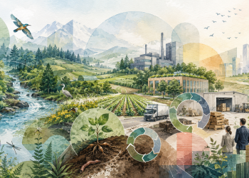 Illustration en aquarelle montrant un paysage mêlant nature, agriculture, industrie, logistique, ville durable et formes géométriques, pour représenter la transformation des chaînes de valeur vers une économie nature-positive.