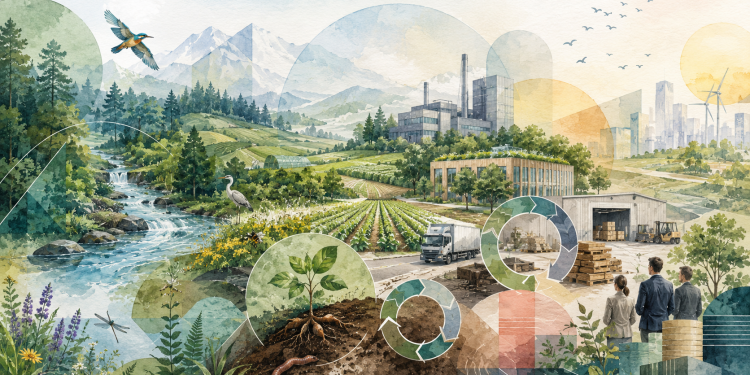Illustration en aquarelle montrant un paysage mêlant nature, agriculture, industrie, logistique, ville durable et formes géométriques, pour représenter la transformation des chaînes de valeur vers une économie nature-positive.