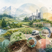 Illustration en aquarelle montrant un paysage mêlant nature, agriculture, industrie, logistique, ville durable et formes géométriques, pour représenter la transformation des chaînes de valeur vers une économie nature-positive.