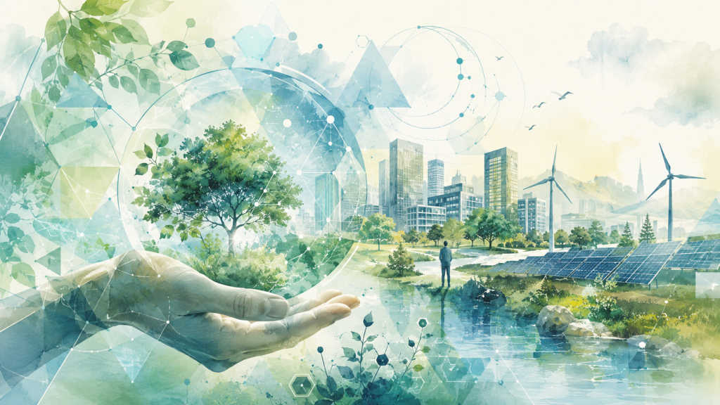 Illustration de l’IA de Transition reliant intelligence artificielle, données, écologie et développement durable